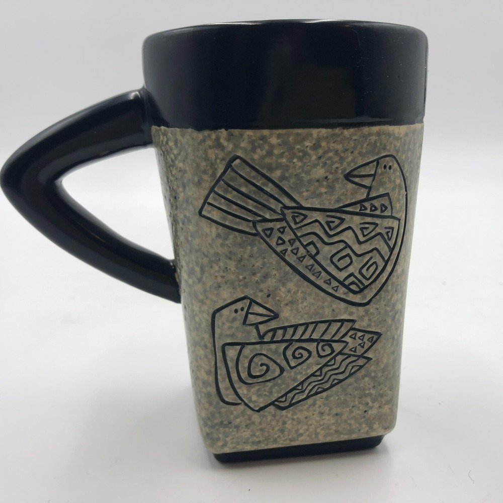 5" Laurel Burch for Bella Casa Gray Stoneware Coffee Tea Mug Birds Signature